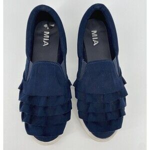 Mia Size 7 Navy Blue Microfiber Suede Slip On Ruffle Sneakers Shoes Margaret